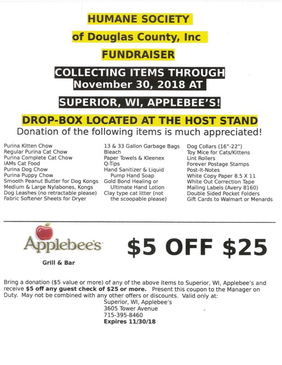 Applebee's in Superior Dining to Donate Humane Society